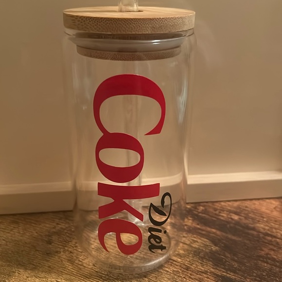 16 Oz Can Shaped Glass Cup with vinyl Diet Coke logo and glass straw. - Picture 3 of 5